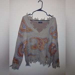 Storia Women's Distressed Paisley Sweater - Gray and Orange Sz Meduim